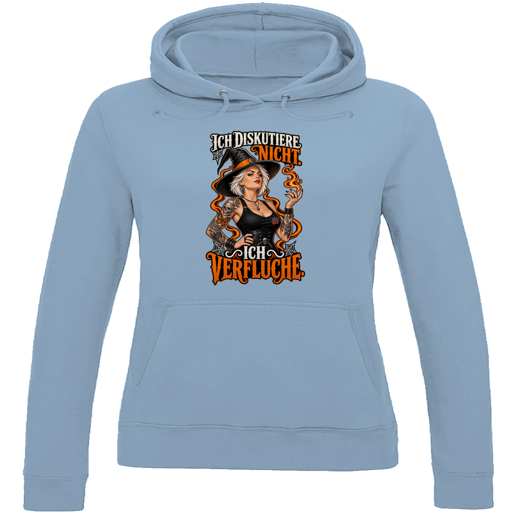 JA Ich verfluche – Damen-Hoodie in Himmelblau, Vorderansicht, Frontdruck: Hexe mit Flamme und Spruch „Ich diskutiere nicht. Ich verfluche.“