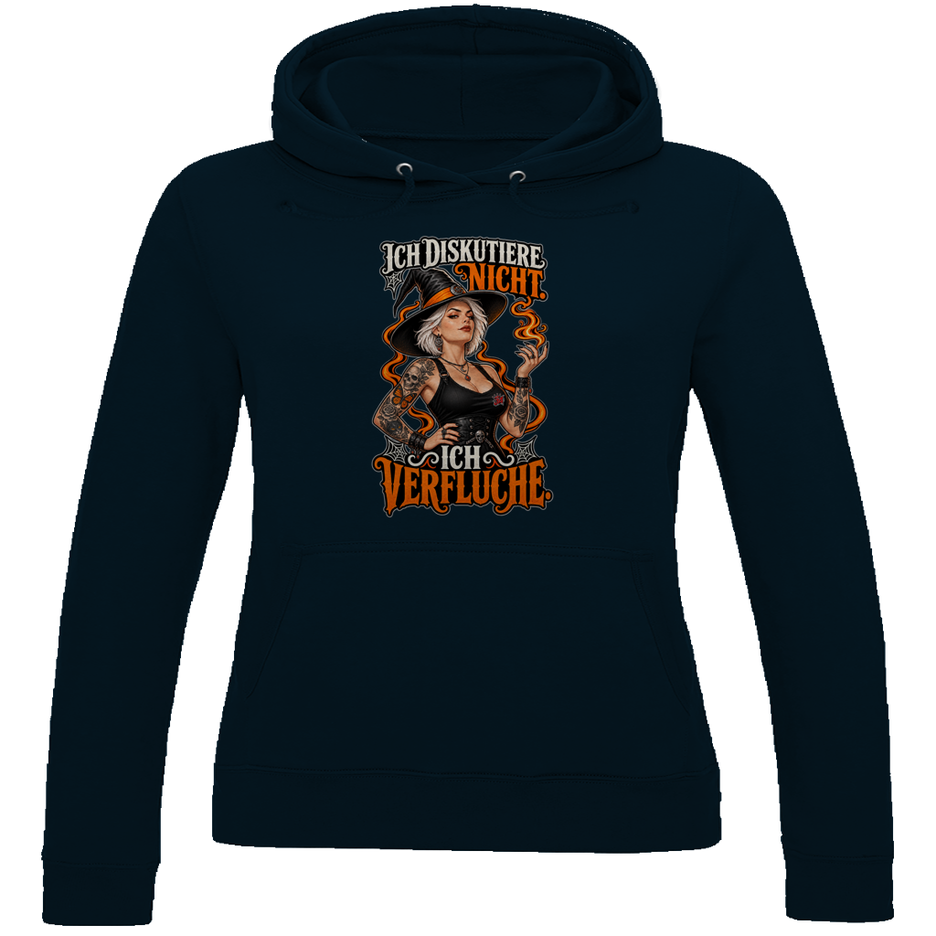 JA Ich verfluche – Damen-Hoodie in Marineblau, Vorderansicht, Frontdruck: Hexe mit Flamme und Spruch „Ich diskutiere nicht. Ich verfluche.“