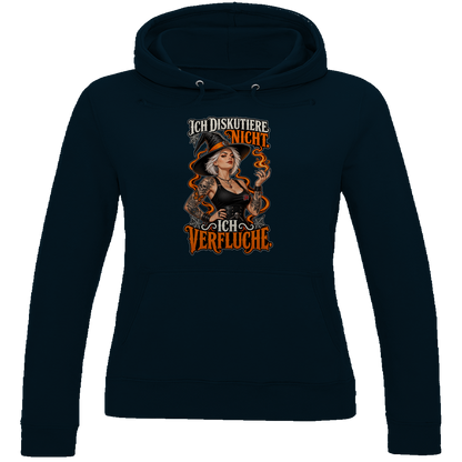 JA Ich verfluche – Damen-Hoodie in Marineblau, Vorderansicht, Frontdruck: Hexe mit Flamme und Spruch „Ich diskutiere nicht. Ich verfluche.“
