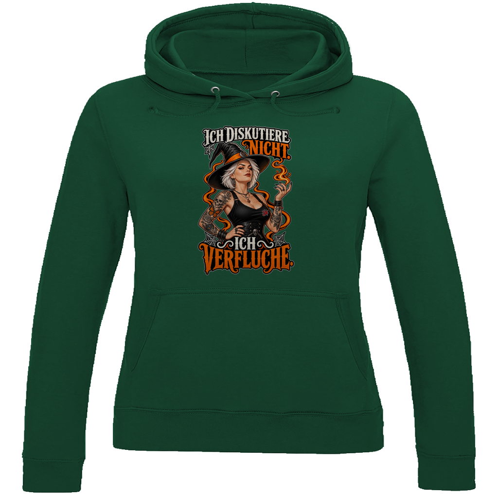 JA Ich verfluche – Damen-Hoodie in Flaschengrün, Vorderansicht, Frontdruck: Hexe mit Flamme und Spruch „Ich diskutiere nicht. Ich verfluche.“
