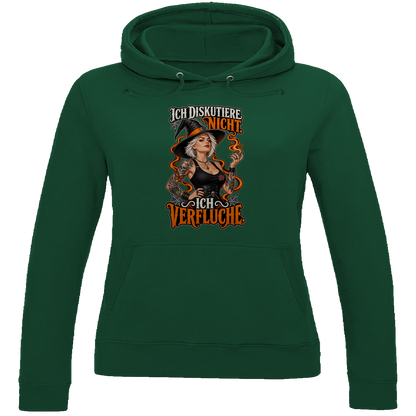 JA Ich verfluche – Damen-Hoodie in Flaschengrün, Vorderansicht, Frontdruck: Hexe mit Flamme und Spruch „Ich diskutiere nicht. Ich verfluche.“