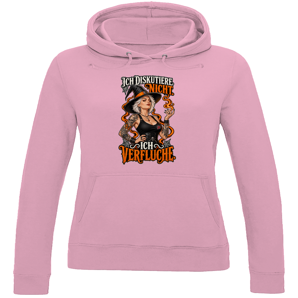 JA Ich verfluche – Damen-Hoodie in Babyrosa, Vorderansicht, Frontdruck: Hexe mit Flamme und Spruch „Ich diskutiere nicht. Ich verfluche.“