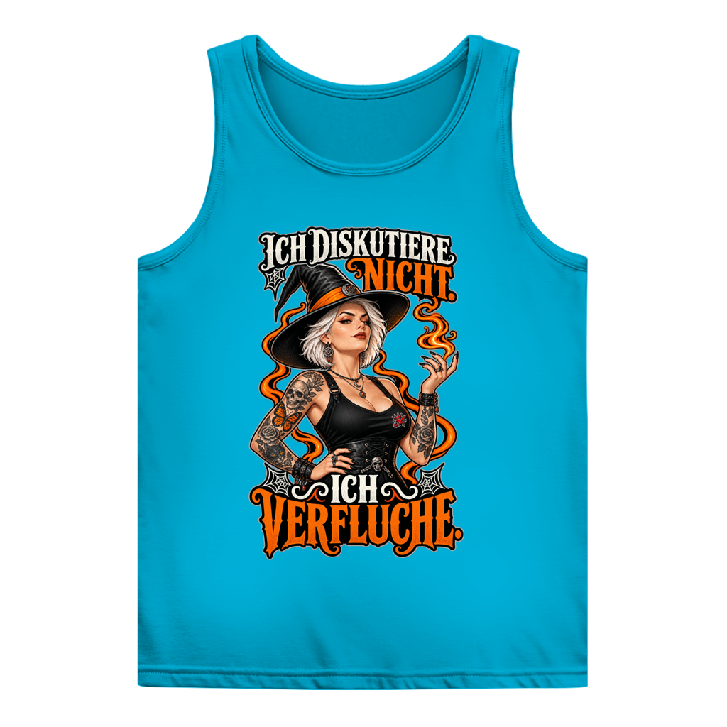 JA Ich verfluche – Damen-Tanktop in Türkis, Vorderansicht, Frontdruck: Hexe mit Flamme und Spruch „Ich diskutiere nicht. Ich verfluche.“