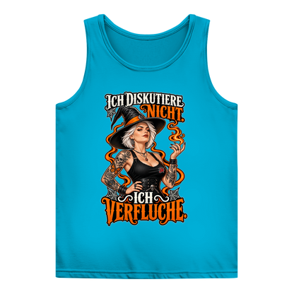 JA Ich verfluche – Damen-Tanktop in Türkis, Vorderansicht, Frontdruck: Hexe mit Flamme und Spruch „Ich diskutiere nicht. Ich verfluche.“