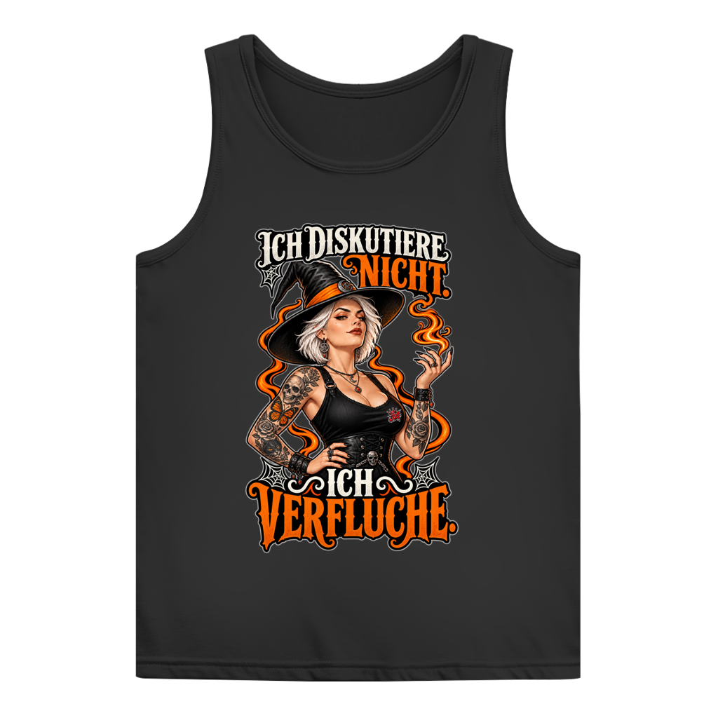 JA Ich verfluche – Damen-Tanktop in Schwarz, Vorderansicht, Frontdruck: Hexe mit Flamme und Spruch „Ich diskutiere nicht. Ich verfluche.“