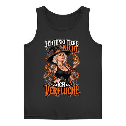 JA Ich verfluche – Damen-Tanktop in Schwarz, Vorderansicht, Frontdruck: Hexe mit Flamme und Spruch „Ich diskutiere nicht. Ich verfluche.“