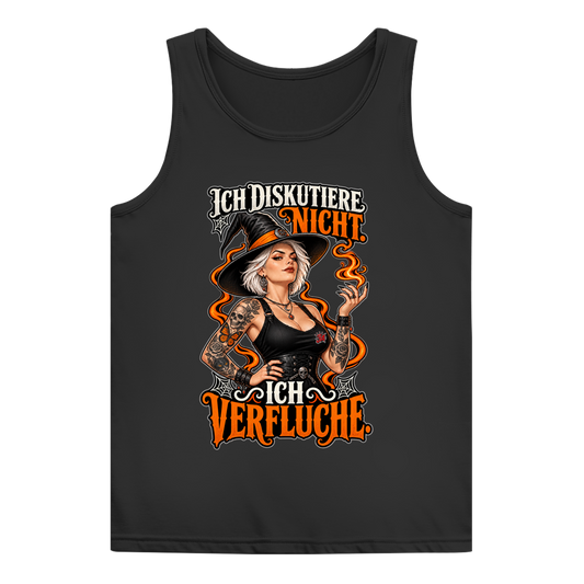 JA Ich verfluche – Damen-Tanktop in Schwarz, Vorderansicht, Frontdruck: Hexe mit Flamme und Spruch „Ich diskutiere nicht. Ich verfluche.“