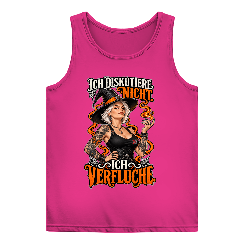 JA Ich verfluche – Damen-Tanktop in Rosé, Vorderansicht, Frontdruck: Hexe mit Flamme und Spruch „Ich diskutiere nicht. Ich verfluche.“