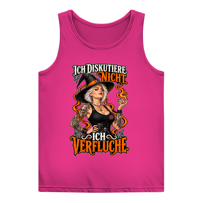 JA Ich verfluche – Damen-Tanktop in Rosé, Vorderansicht, Frontdruck: Hexe mit Flamme und Spruch „Ich diskutiere nicht. Ich verfluche.“