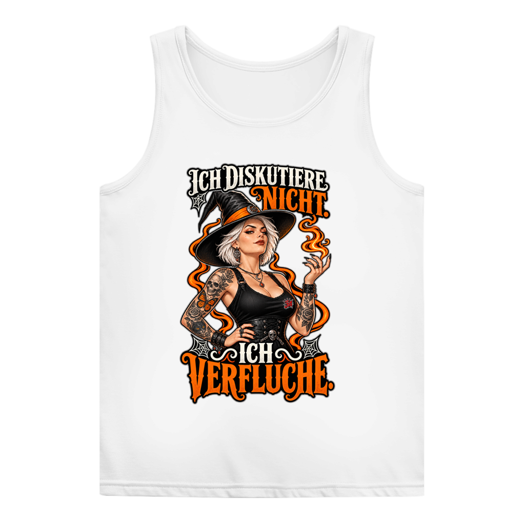 JA Ich verfluche – Damen-Tanktop in Weiß, Vorderansicht, Frontdruck: Hexe mit Flamme und Spruch „Ich diskutiere nicht. Ich verfluche.“