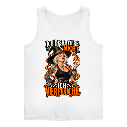 JA Ich verfluche – Damen-Tanktop in Weiß, Vorderansicht, Frontdruck: Hexe mit Flamme und Spruch „Ich diskutiere nicht. Ich verfluche.“