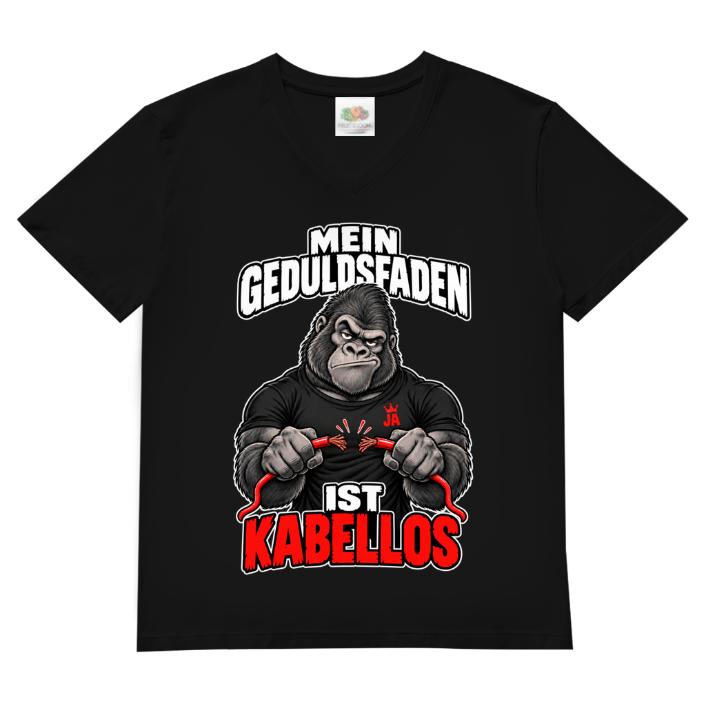 JA Geduldsfaden kabellos – Herren-V-Neck-Shirt in Schwarz, Vorderansicht, Frontdruck: Gorilla mit durchgerissenem Kabel: „Mein Geduldsfaden ist kabellos.“