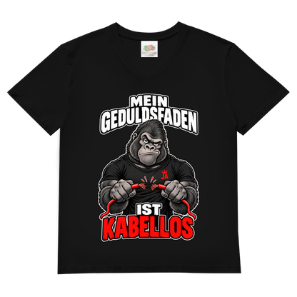 JA Geduldsfaden kabellos – Herren-V-Neck-Shirt in Schwarz, Vorderansicht, Frontdruck: Gorilla mit durchgerissenem Kabel: „Mein Geduldsfaden ist kabellos.“