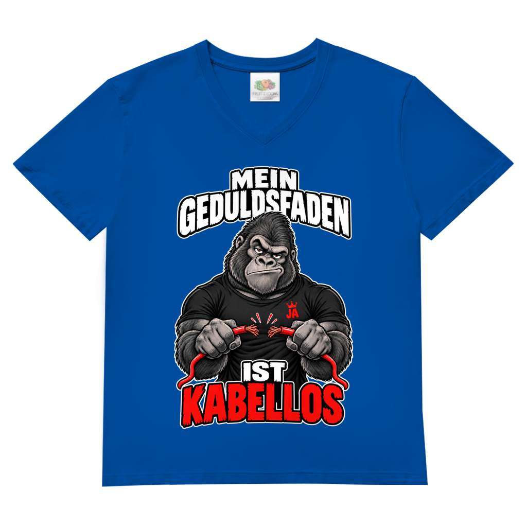JA Geduldsfaden kabellos – Herren-V-Neck-Shirt in Royalblau, Vorderansicht, Frontdruck: Gorilla mit durchgerissenem Kabel: „Mein Geduldsfaden ist kabellos.“
