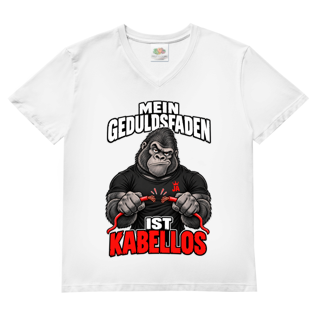 JA Geduldsfaden kabellos – Herren-V-Neck-Shirt in Weiß, Vorderansicht, Frontdruck: Gorilla mit durchgerissenem Kabel: „Mein Geduldsfaden ist kabellos.“
