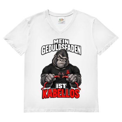 JA Geduldsfaden kabellos – Herren-V-Neck-Shirt in Weiß, Vorderansicht, Frontdruck: Gorilla mit durchgerissenem Kabel: „Mein Geduldsfaden ist kabellos.“