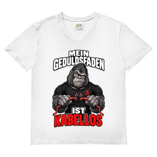 JA Geduldsfaden kabellos – Herren-V-Neck-Shirt in Weiß, Vorderansicht, Frontdruck: Gorilla mit durchgerissenem Kabel: „Mein Geduldsfaden ist kabellos.“