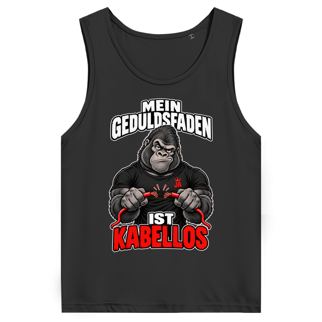 JA Geduldsfaden kabellos – Herren-Bio-Tanktop in Schwarz, Vorderansicht, Frontdruck: Gorilla mit durchgerissenem Kabel: „Mein Geduldsfaden ist kabellos.“