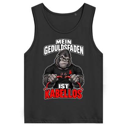 JA Geduldsfaden kabellos – Herren-Bio-Tanktop in Schwarz, Vorderansicht, Frontdruck: Gorilla mit durchgerissenem Kabel: „Mein Geduldsfaden ist kabellos.“