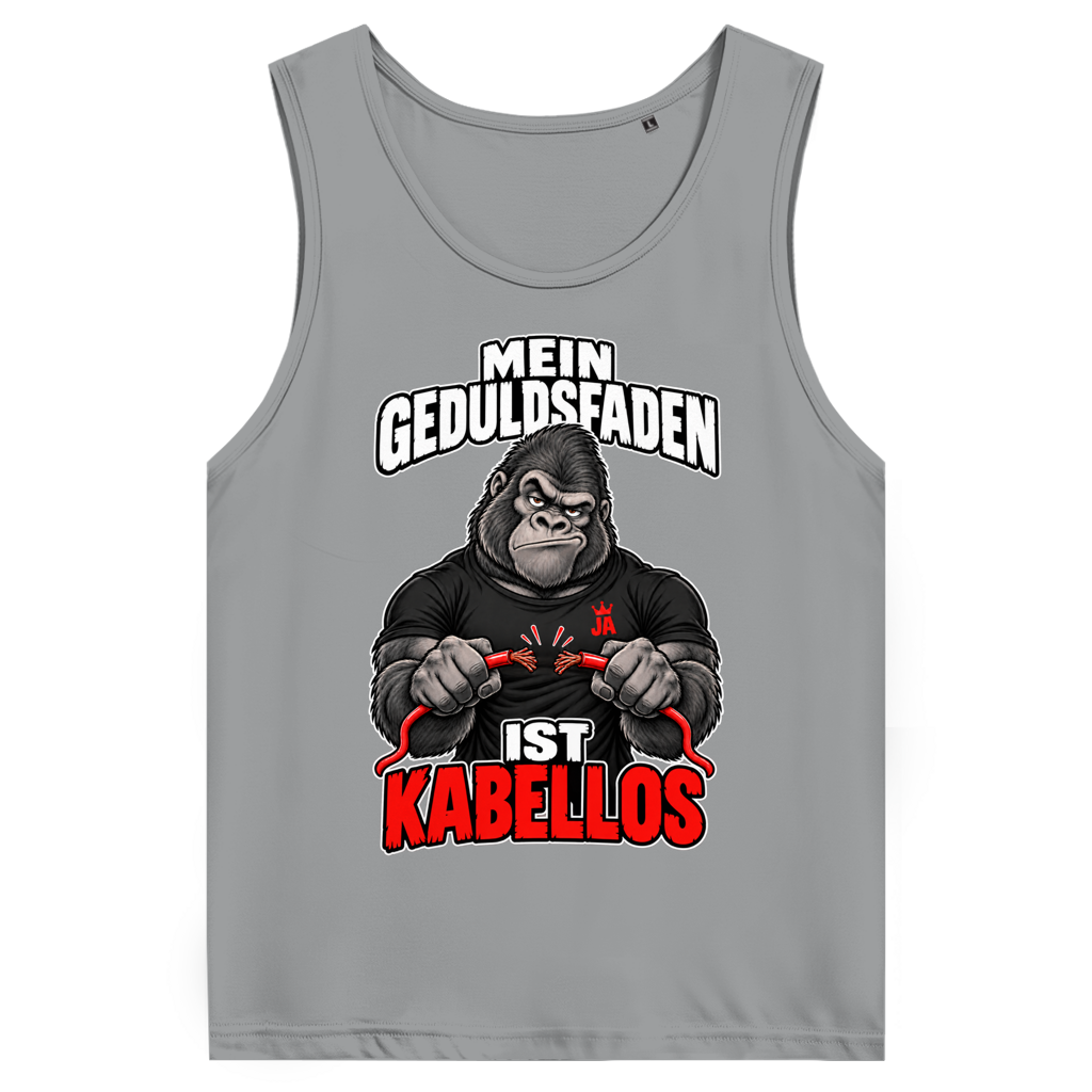 JA Geduldsfaden kabellos – Herren-Bio-Tanktop in Sportgrau, Vorderansicht, Frontdruck: Gorilla mit durchgerissenem Kabel: „Mein Geduldsfaden ist kabellos.“
