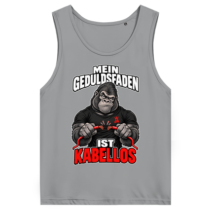 JA Geduldsfaden kabellos – Herren-Bio-Tanktop in Sportgrau, Vorderansicht, Frontdruck: Gorilla mit durchgerissenem Kabel: „Mein Geduldsfaden ist kabellos.“