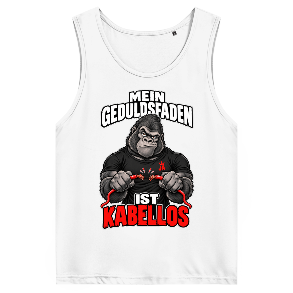JA Geduldsfaden kabellos – Herren-Bio-Tanktop in Weiß, Vorderansicht, Frontdruck: Gorilla mit durchgerissenem Kabel: „Mein Geduldsfaden ist kabellos.“