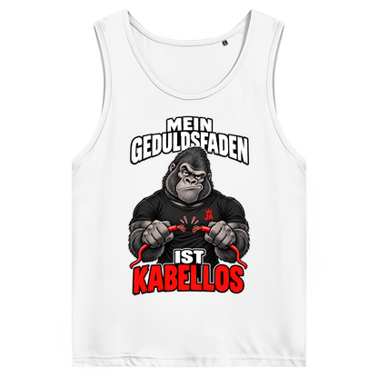 JA Geduldsfaden kabellos – Herren-Bio-Tanktop in Weiß, Vorderansicht, Frontdruck: Gorilla mit durchgerissenem Kabel: „Mein Geduldsfaden ist kabellos.“