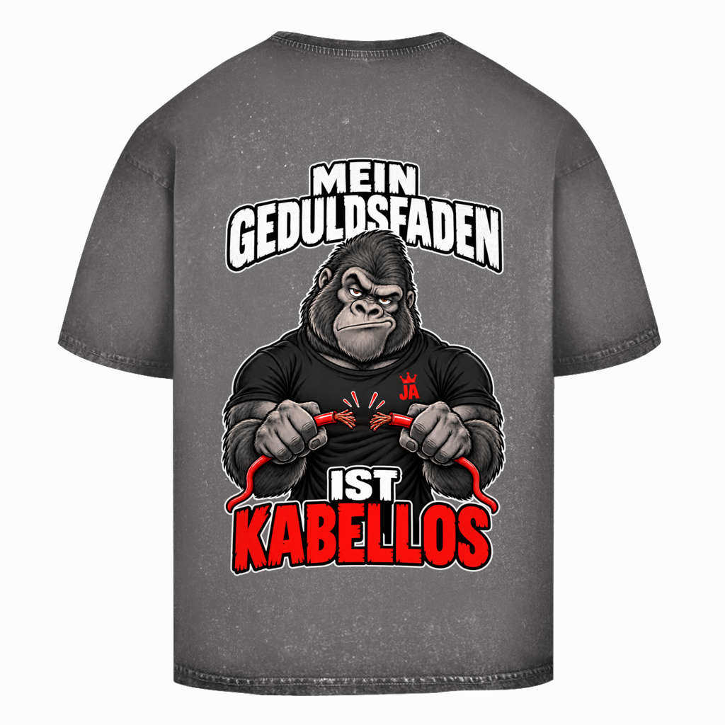 JA Geduldsfaden kabellos – Oversize-Washed-Shirt in Asphaltgrau, Rückansicht, Rückendruck: Gorilla mit durchgerissenem Kabel: „Mein Geduldsfaden ist kabellos.“