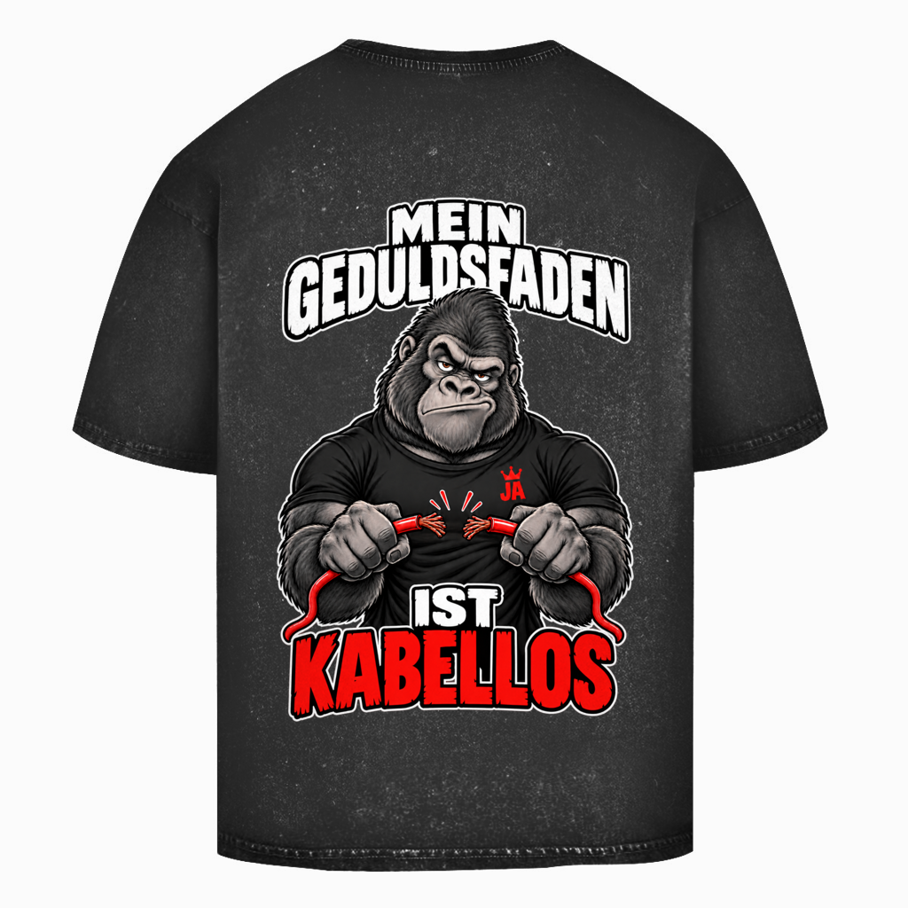JA Geduldsfaden kabellos – Oversize-Washed-Shirt in Schwarz, Rückansicht, Rückendruck: Gorilla mit durchgerissenem Kabel: „Mein Geduldsfaden ist kabellos.“