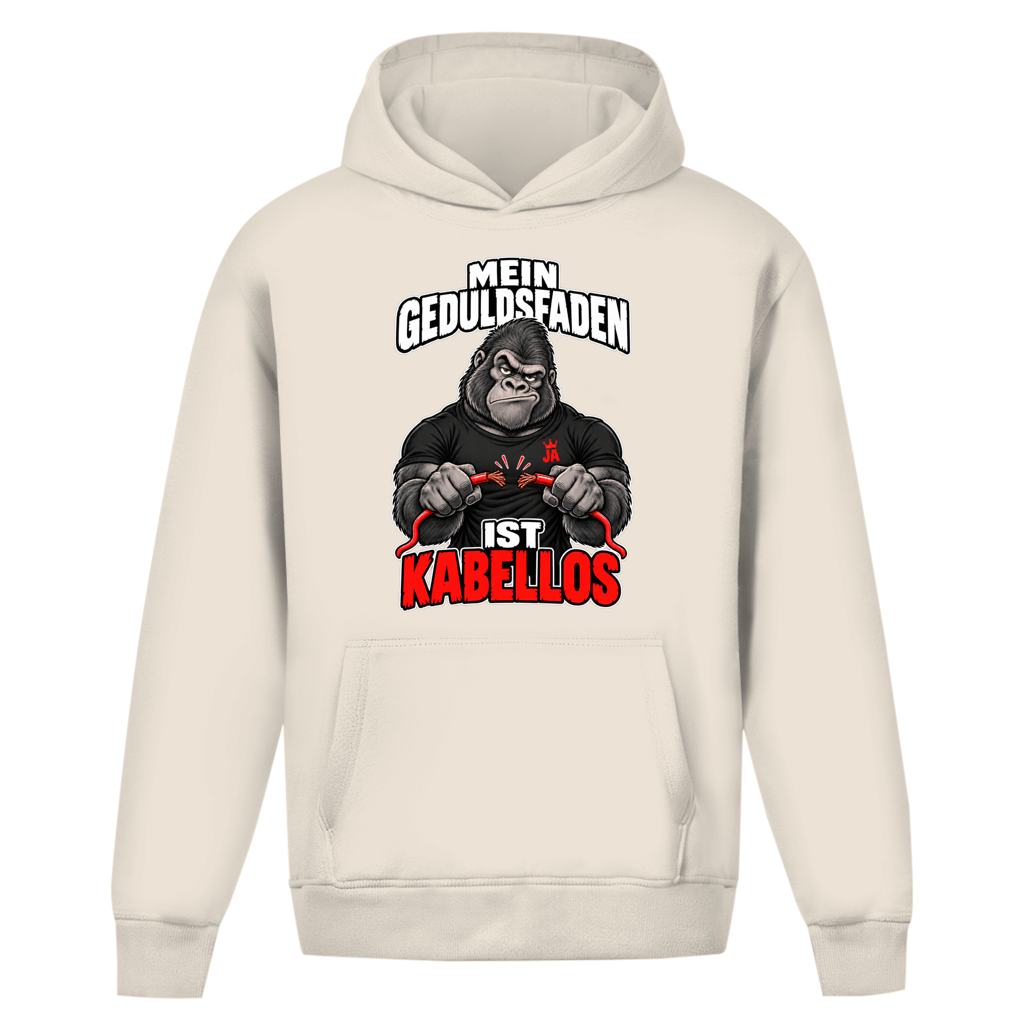JA Geduldsfaden kabellos – Oversize-Hoodie in Sandweiß, Vorderansicht, Frontdruck: Gorilla mit durchgerissenem Kabel: „Mein Geduldsfaden ist kabellos.“