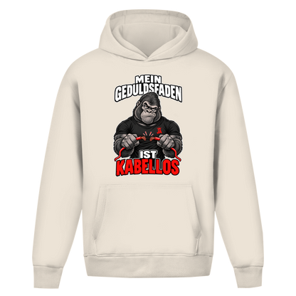 JA Geduldsfaden kabellos – Oversize-Hoodie in Sandweiß, Vorderansicht, Frontdruck: Gorilla mit durchgerissenem Kabel: „Mein Geduldsfaden ist kabellos.“