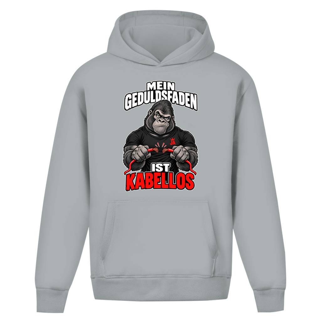 JA Geduldsfaden kabellos – Oversize-Hoodie in Hellgrau, Vorderansicht, Frontdruck: Gorilla mit durchgerissenem Kabel: „Mein Geduldsfaden ist kabellos.“