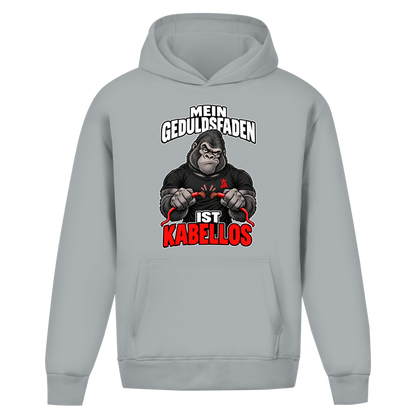 JA Geduldsfaden kabellos – Oversize-Hoodie in Hellgrau, Vorderansicht, Frontdruck: Gorilla mit durchgerissenem Kabel: „Mein Geduldsfaden ist kabellos.“