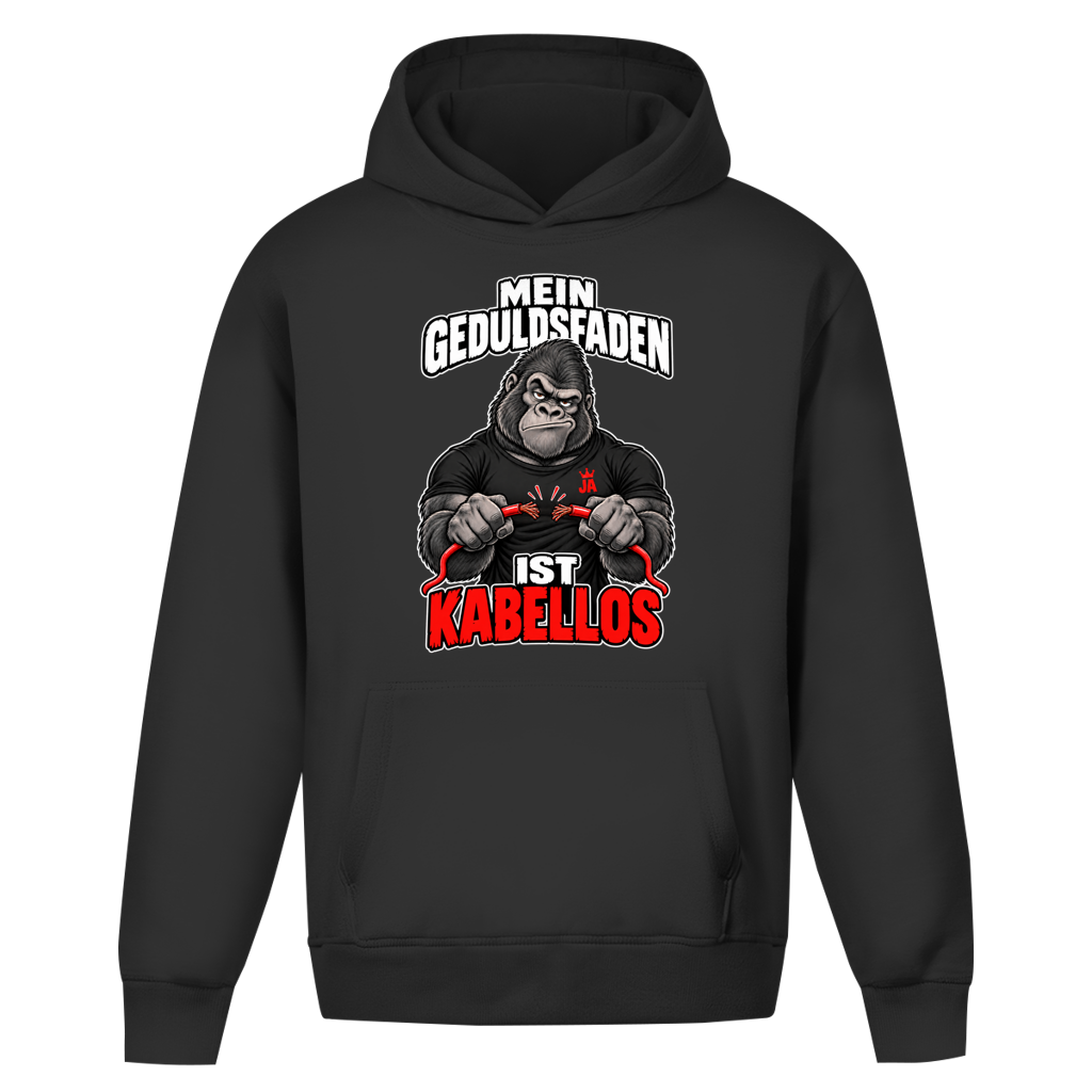 JA Geduldsfaden kabellos – Oversize-Hoodie in Schwarz, Vorderansicht, Frontdruck: Gorilla mit durchgerissenem Kabel: „Mein Geduldsfaden ist kabellos.“