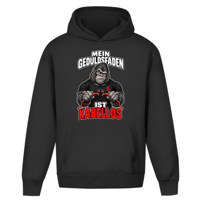 JA Geduldsfaden kabellos – Oversize-Hoodie in Schwarz, Vorderansicht, Frontdruck: Gorilla mit durchgerissenem Kabel: „Mein Geduldsfaden ist kabellos.“