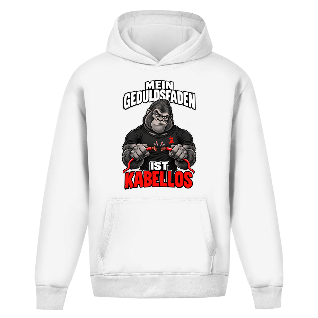 JA Geduldsfaden kabellos – Oversize-Hoodie in Weiß, Vorderansicht, Frontdruck: Gorilla mit durchgerissenem Kabel: „Mein Geduldsfaden ist kabellos.“