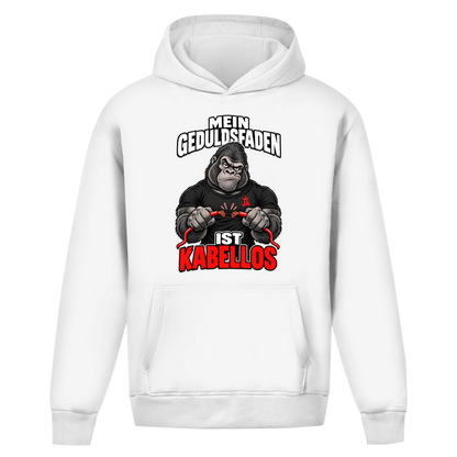 JA Geduldsfaden kabellos – Oversize-Hoodie in Weiß, Vorderansicht, Frontdruck: Gorilla mit durchgerissenem Kabel: „Mein Geduldsfaden ist kabellos.“