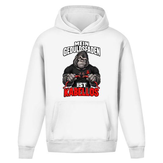 JA Geduldsfaden kabellos – Oversize-Hoodie in Weiß, Vorderansicht, Frontdruck: Gorilla mit durchgerissenem Kabel: „Mein Geduldsfaden ist kabellos.“