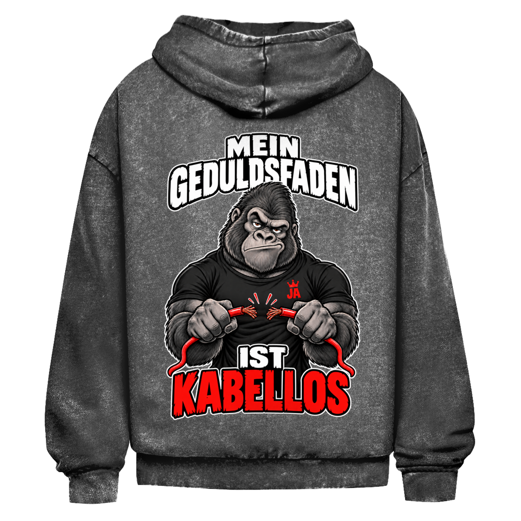 JA Geduldsfaden kabellos – Oversize-Washed-Hoodie in Schwarz, Rückansicht, Rückendruck: Gorilla mit durchgerissenem Kabel: „Mein Geduldsfaden ist kabellos.“