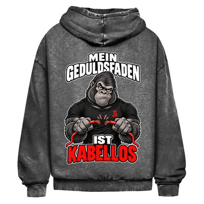 JA Geduldsfaden kabellos – Oversize-Washed-Hoodie in Schwarz, Rückansicht, Rückendruck: Gorilla mit durchgerissenem Kabel: „Mein Geduldsfaden ist kabellos.“