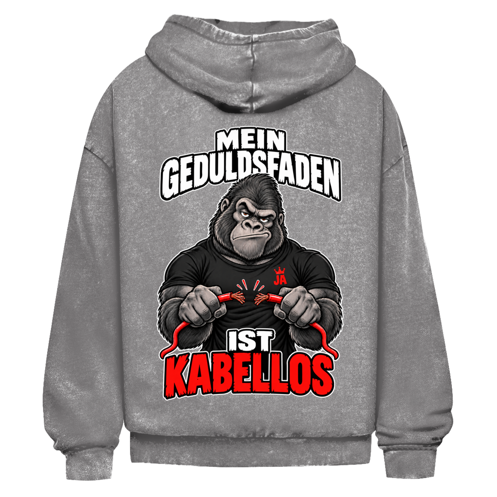 JA Geduldsfaden kabellos – Oversize-Washed-Hoodie in Asphaltgrau, Rückansicht, Rückendruck: Gorilla mit durchgerissenem Kabel: „Mein Geduldsfaden ist kabellos.“