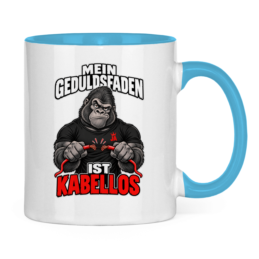JA Geduldsfaden kabellos – Tasse in Hellblau, Rückansicht, ebenfalls bedruckt
