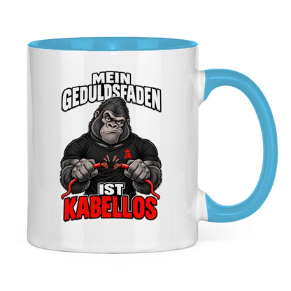JA Geduldsfaden kabellos – Tasse in Hellblau, Rückansicht, ebenfalls bedruckt