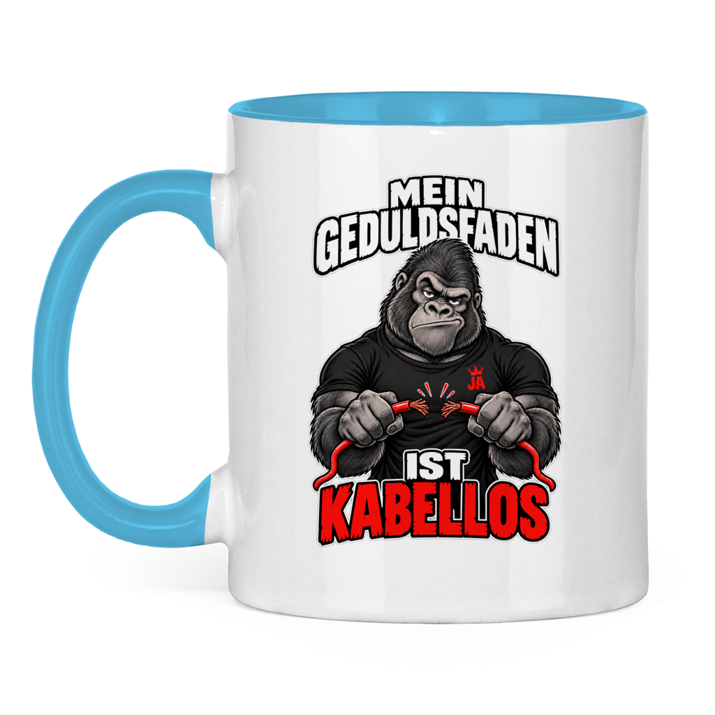 JA Geduldsfaden kabellos – Tasse in Hellblau, Vorderansicht, Aufdruck: Gorilla mit durchgerissenem Kabel: „Mein Geduldsfaden ist kabellos.“
