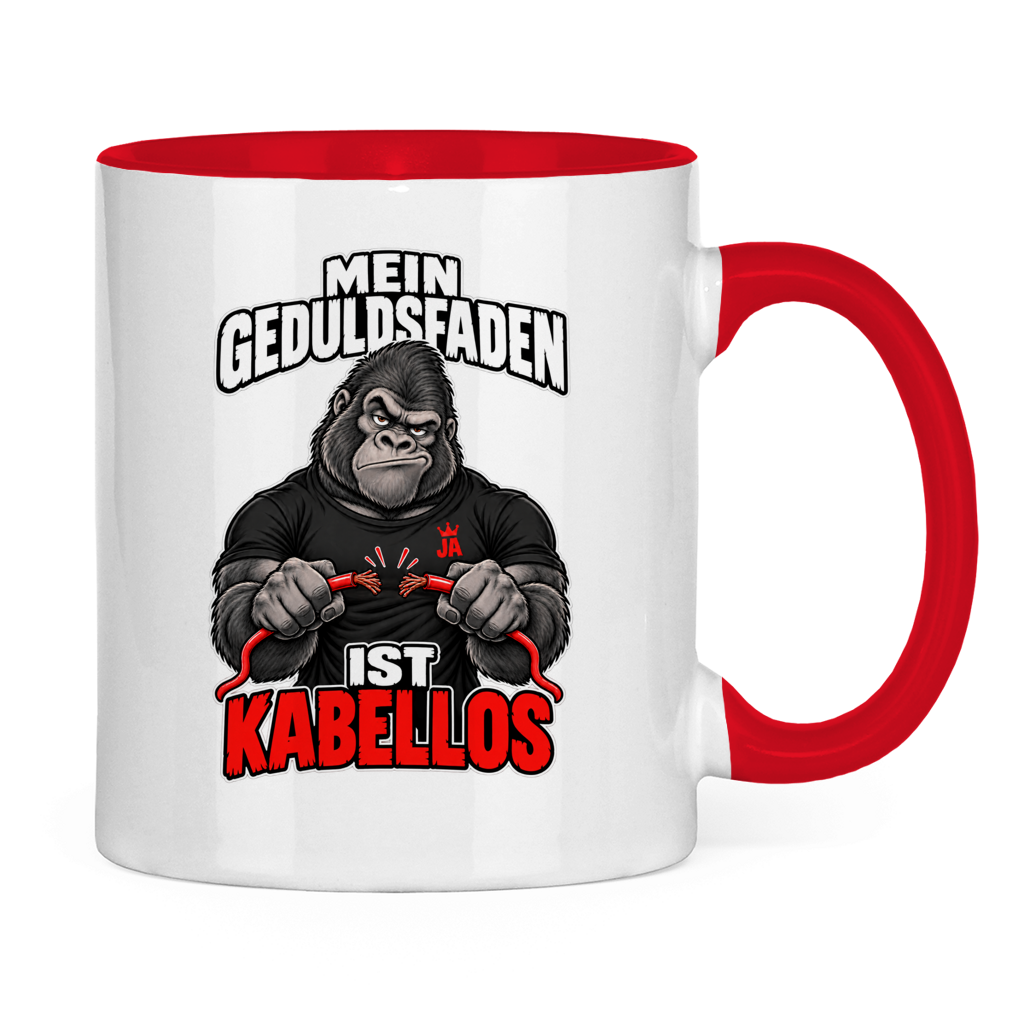 JA Geduldsfaden kabellos – Tasse in Rot, Rückansicht, ebenfalls bedruckt