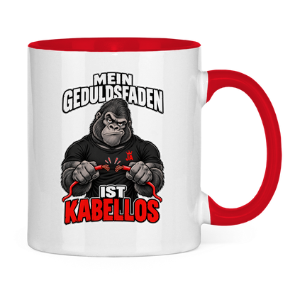 JA Geduldsfaden kabellos – Tasse in Rot, Rückansicht, ebenfalls bedruckt