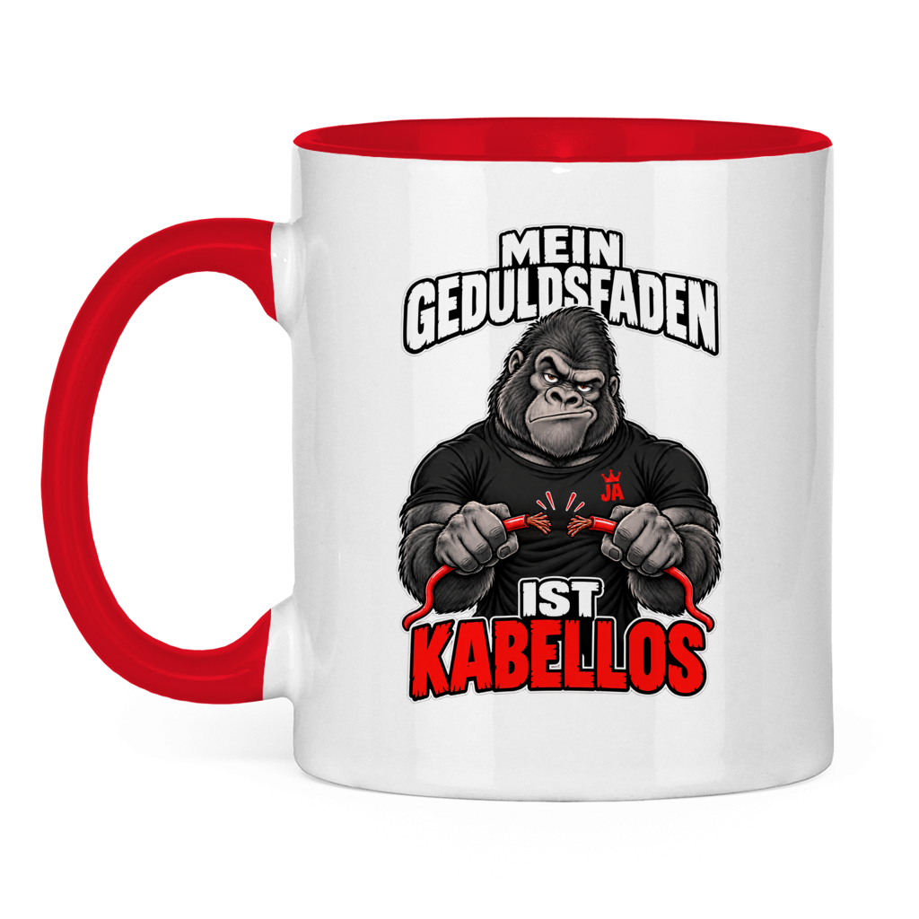 JA Geduldsfaden kabellos – Tasse in Rot, Vorderansicht, Aufdruck: Gorilla mit durchgerissenem Kabel: „Mein Geduldsfaden ist kabellos.“