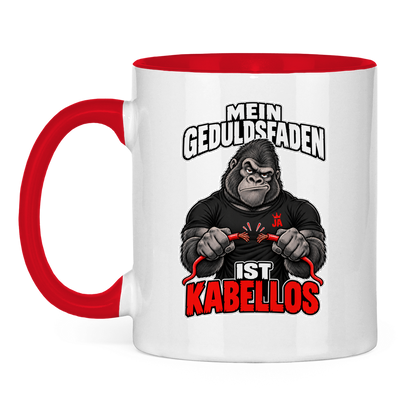 JA Geduldsfaden kabellos – Tasse in Rot, Vorderansicht, Aufdruck: Gorilla mit durchgerissenem Kabel: „Mein Geduldsfaden ist kabellos.“