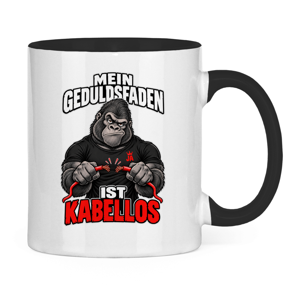 JA Geduldsfaden kabellos – Tasse in Schwarz, Rückansicht, ebenfalls bedruckt