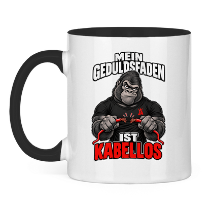 JA Geduldsfaden kabellos – Tasse in Schwarz, Vorderansicht, Aufdruck: Gorilla mit durchgerissenem Kabel: „Mein Geduldsfaden ist kabellos.“